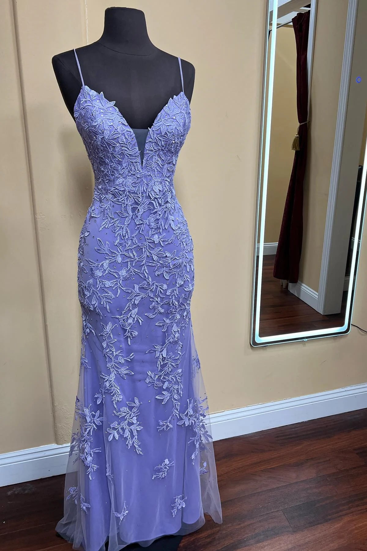 Weitese Dress Blue Lace Appliques Mermaid Spaghetti Straps Formal Dress Maxi Dress Prom Dress